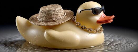 A rubber duck wearing a hat and chain photo