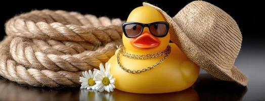 A rubber duck wearing sunglasses and a straw hat photo