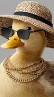 A duck wearing sunglasses and a hat photo