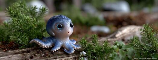 An octopus toy sitting on a log in the woods photo