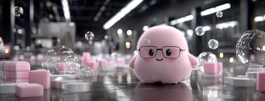 A pink teddy bear with glasses standing in front of pink bubbles photo