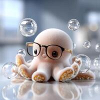 An octopus wearing glasses and bubbles on the floor photo