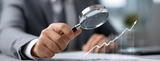 Businessman holding magnifying glass over chart photo