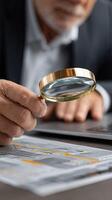 Man in suit looking at financial documents with magnifying glass photo