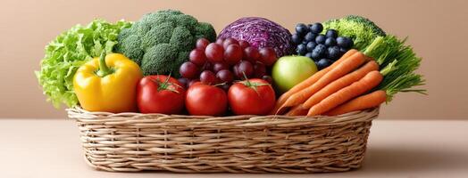 A basket filled with fresh vegetables and fruits photo