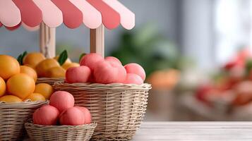 A basket of fruit and vegetables in front of a red and white striped awning photo