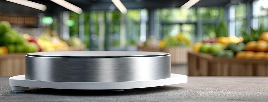 A silver circular object on top of a table photo