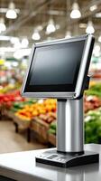 A pos terminal in a supermarket with produce on display photo