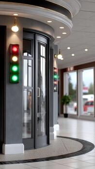 A traffic light is on in a lobby photo