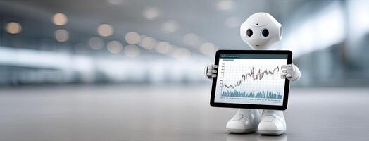 A robot is holding a tablet with a graph on it photo