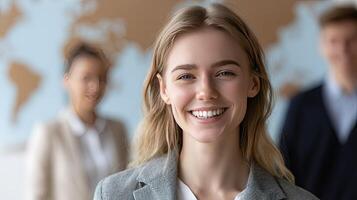 A smiling woman in front of a group of people photo