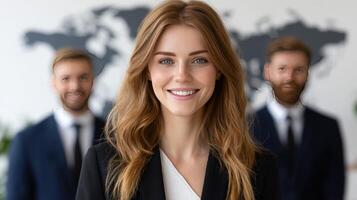 A woman in a business suit is standing in front of three men photo