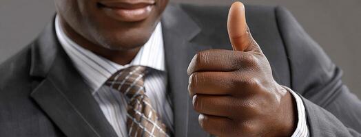 A black man in a suit and tie giving the thumbs up photo