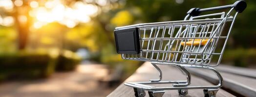 A shopping cart is sitting on a bench photo