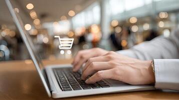 A man typing on a laptop with a shopping cart icon photo