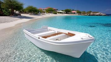 A boat sits in the clear water on a beach photo