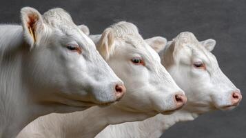 Three white cows standing in a row photo