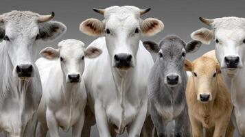 A group of white and brown cows standing together photo