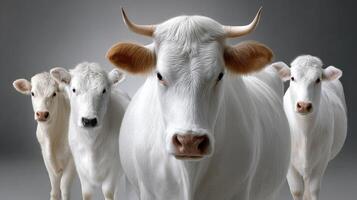 A group of white cows standing in front of a gray background photo