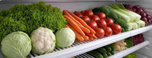 A refrigerator with vegetables on the shelves photo