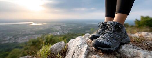 A person wearing hiking shoes standing on a rock photo