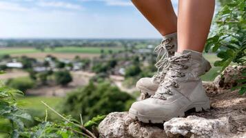 A woman in hiking boots standing on a rock photo