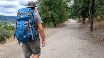 A man with a backpack walking down a dirt path photo