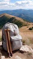A backpack and two wooden sticks on a mountain photo