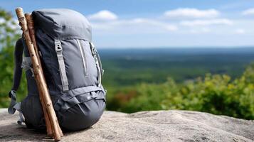 A backpack with a stick on top of a rock photo