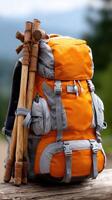 A backpack with two sticks and a hiking pole photo