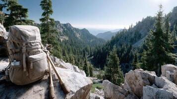 A backpack and hiking poles on a rocky mountain photo