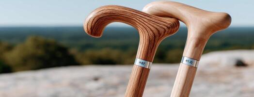 Two walking sticks with wooden handles on top of a mountain photo