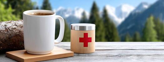 A cup of coffee and a first aid kit photo