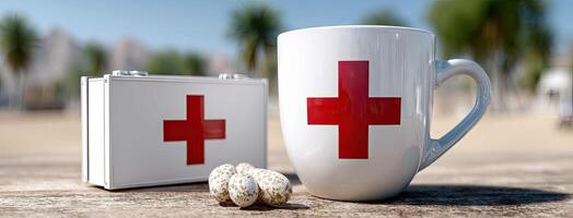 A coffee cup with a red cross on it next to a first aid kit photo