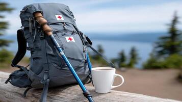 Red cross backpack and coffee cup photo