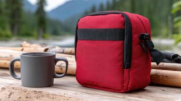 A red bag with a cup and a cup holder on a log photo