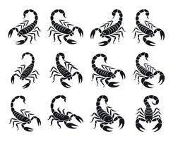 Collection of Black and White Scorpion Silhouettes in Various Positions Nine stylized scorpion silhouettes arranged grid pattern scorpion silhouette black white animal insect vector