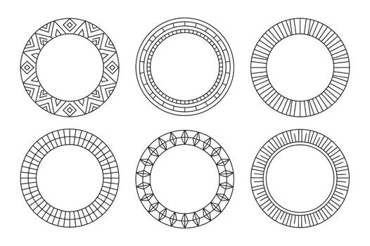 Set of six decorative circular frames with various geometric patterns vector