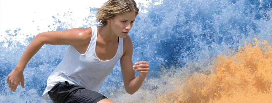 A young man running on a beach with a wave in the background photo