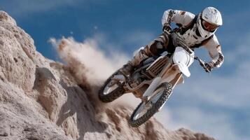 A person riding a dirt bike on a rocky hill photo