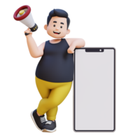 3D plus size overweight obesse man with megaphone and smartphone png