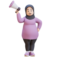 3D Cartoon of a Happy Chubby muslim woman Announcing with Megaphone png