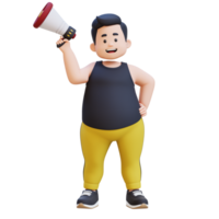 3D Cartoon of a Happy Chubby obesse man Announcing with Megaphone png