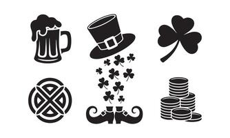 Black and white St Patricks Day symbols beer mug hat shamrocks coins and leprechaun shoes vector