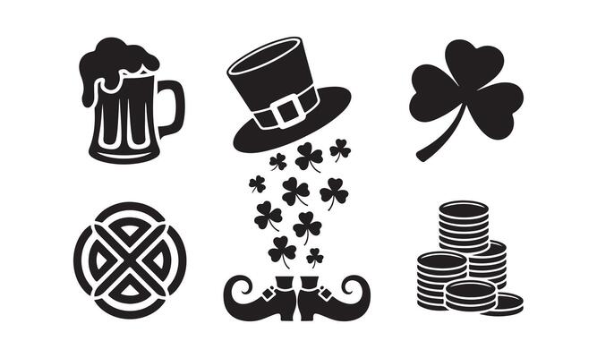 Black and white St Patricks Day symbols beer mug hat shamrocks coins and leprechaun shoes