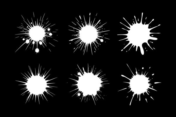 Collection of six white ink splatter graphic design elements