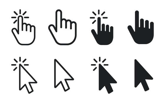Collection of hand and arrow cursor icons for clicking and selecting on computer screens Set various click select with cursors click select mouse vector