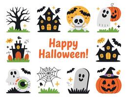 Cute and Colorful Halloween Icons Set with Happy Halloween Greeting Collection simple themed illustrations halloween happy halloween icons illustrations graphics cute colorful spooky vector