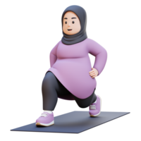 3D Plus Size Overweight muslim woman Dynamic Lunges Exercise on Yoga Mat png