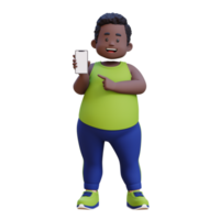 3D plus size overweight obesse african man pointing to smartphone png